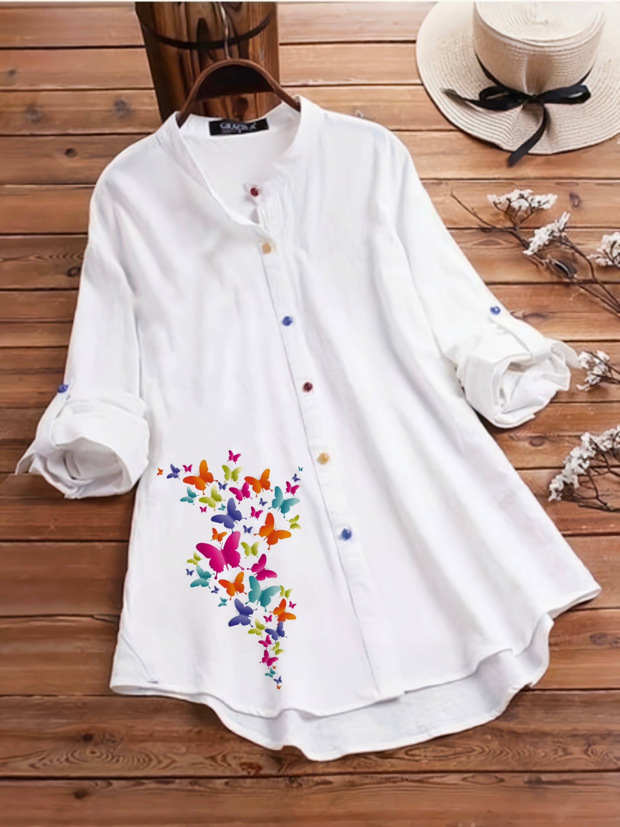 Classic Flower With Butterfly Printed Tunic Shirt