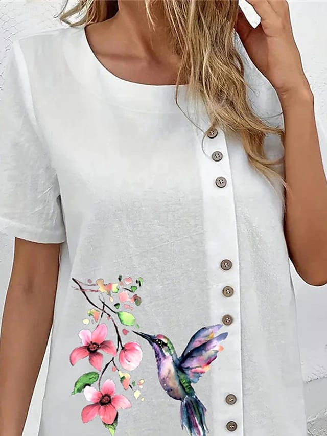 Trendy Floral Casual Birds With Flower Button Print Shirt