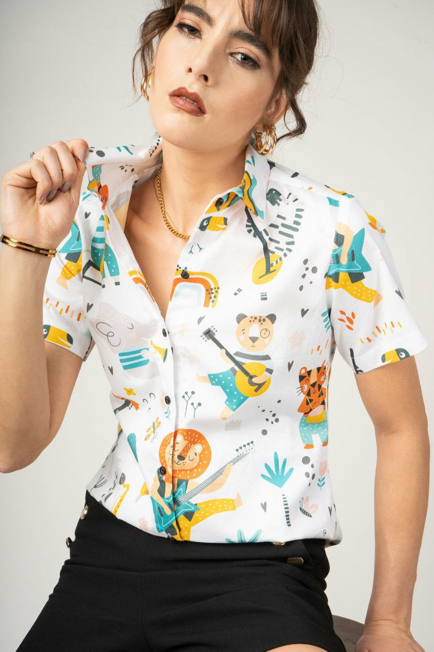 Childish Print Cartoon Jungle Women Shirt